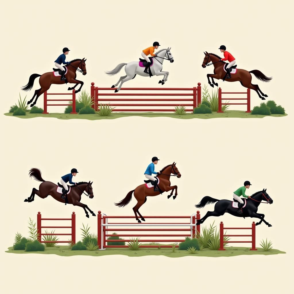 Horses jumping various heights