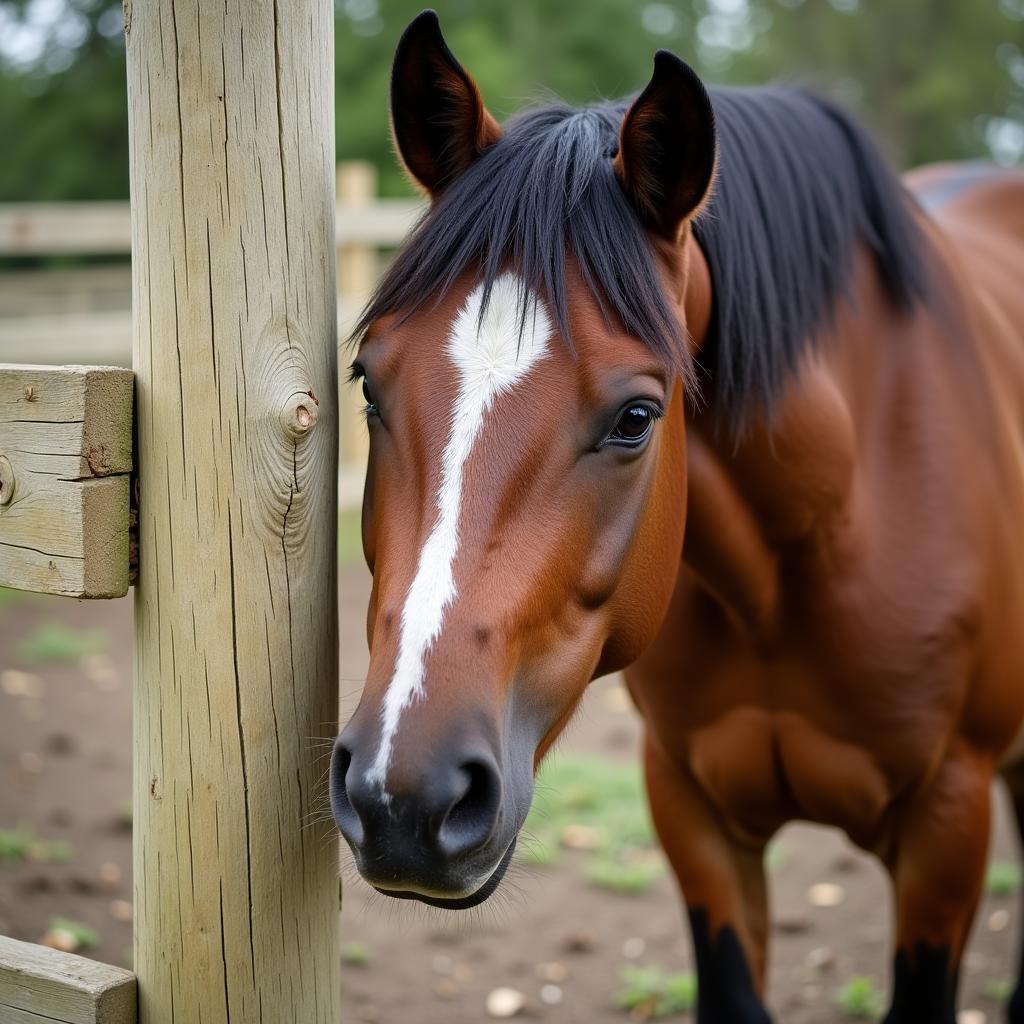 Horse Licking a Fence Post