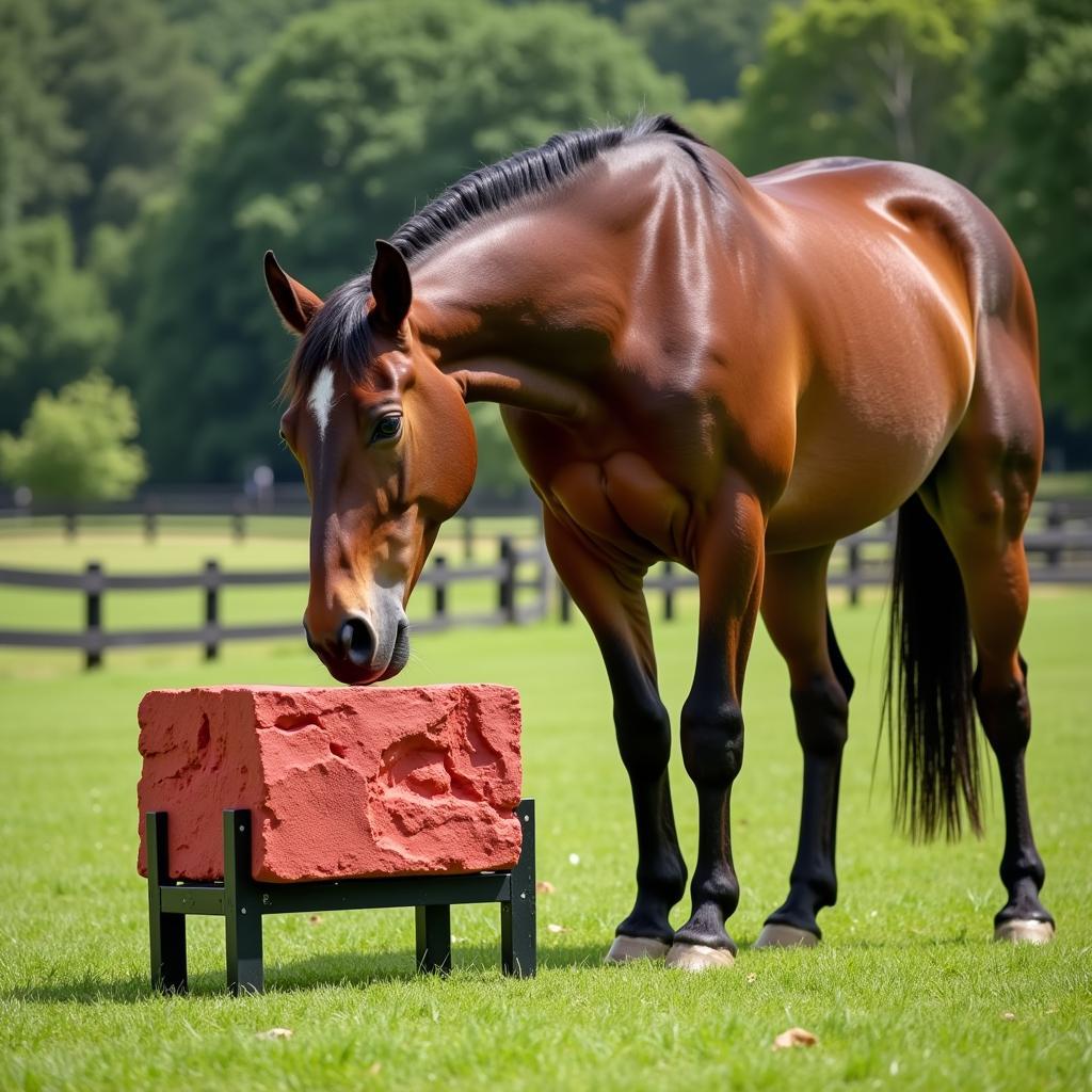 Horse Licking a Mineral Block in the Pasture