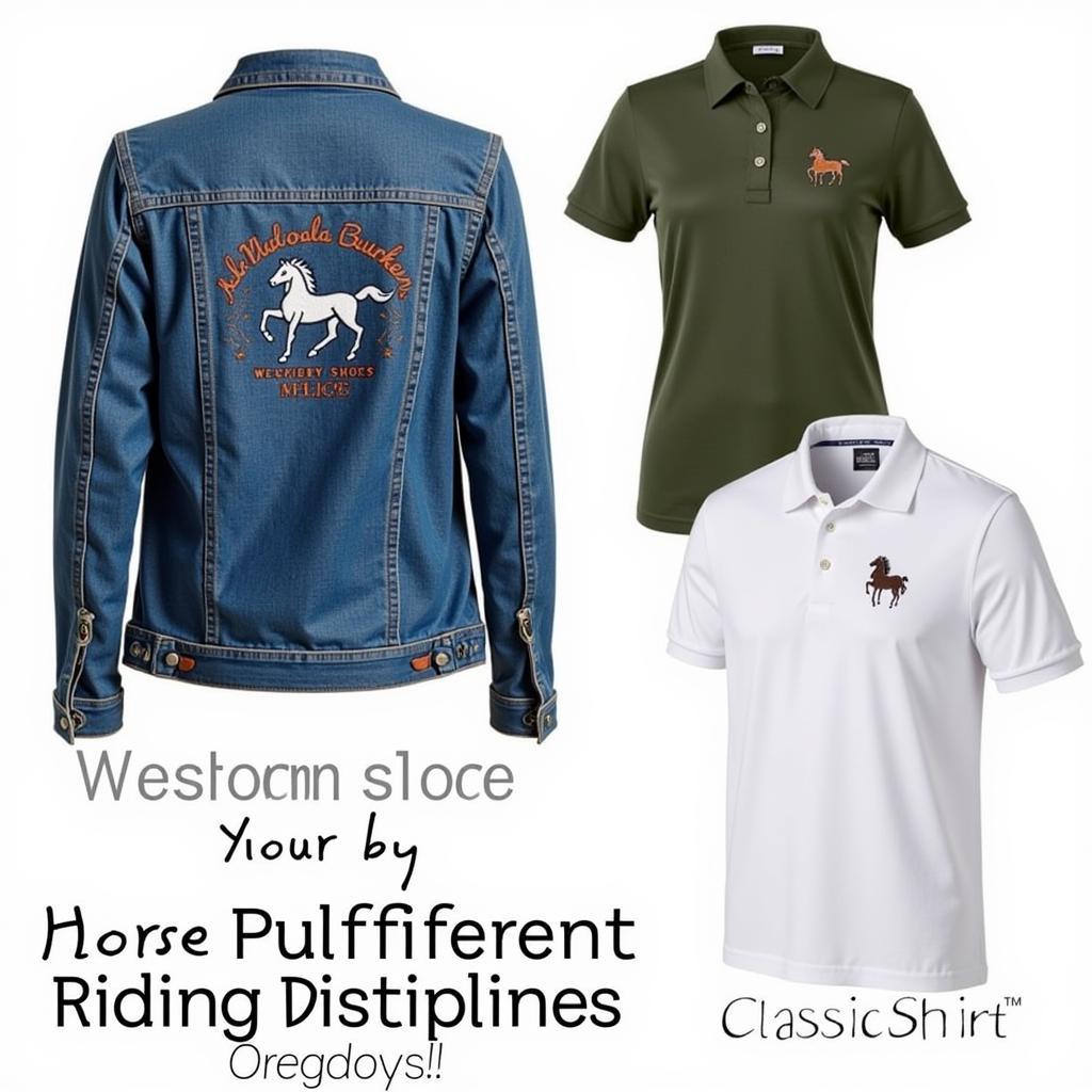 Examples of horse logo clothing suitable for various riding disciplines, such as Western and English styles.