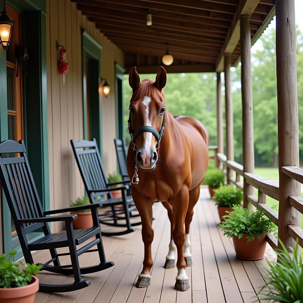 Horse on a porch in a rural setting