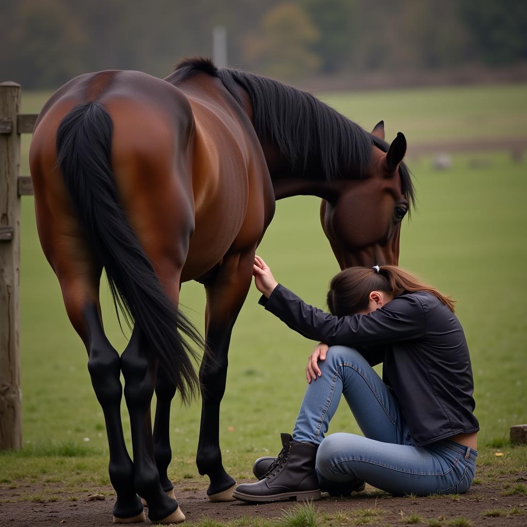 A grieving horse owner sitting beside their deceased horse.