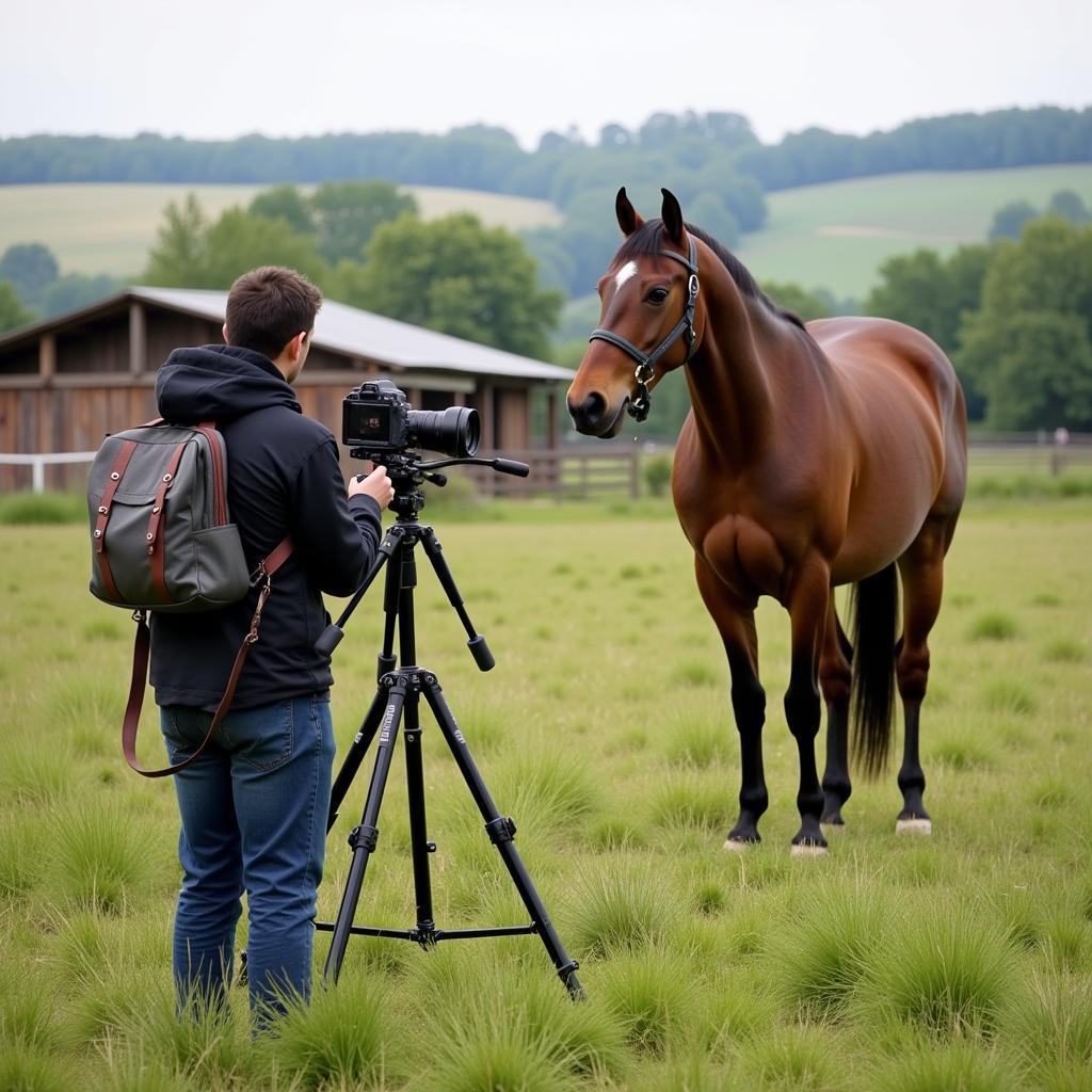 Setting up photography equipment for a horse photoshoot