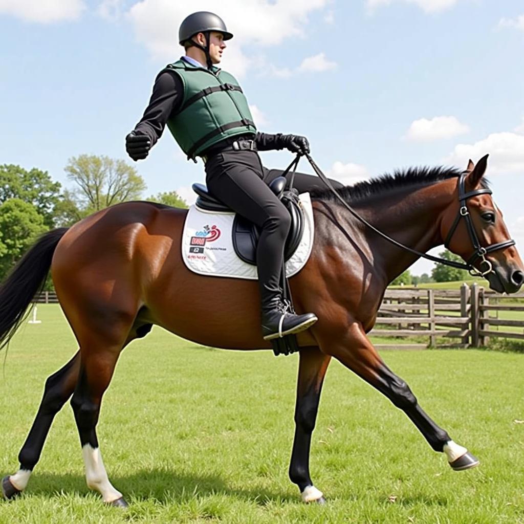 Horse pilot air vest inflating during a fall, protecting the rider's torso and back.