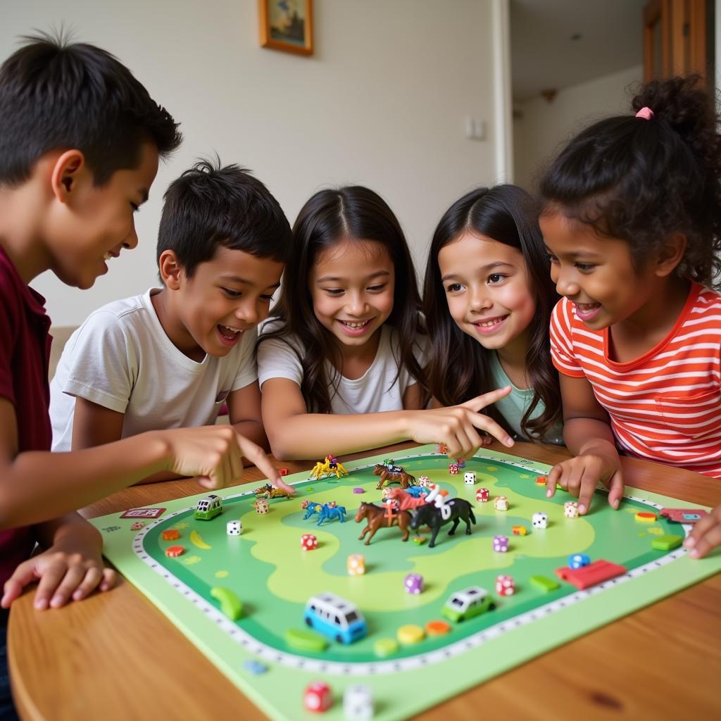 Family playing a horse race dice game