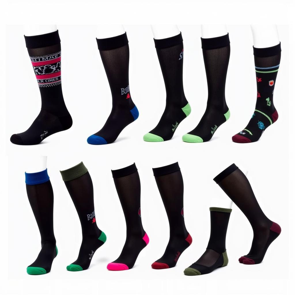 Various horse racing socks displayed, showcasing different colors and heights