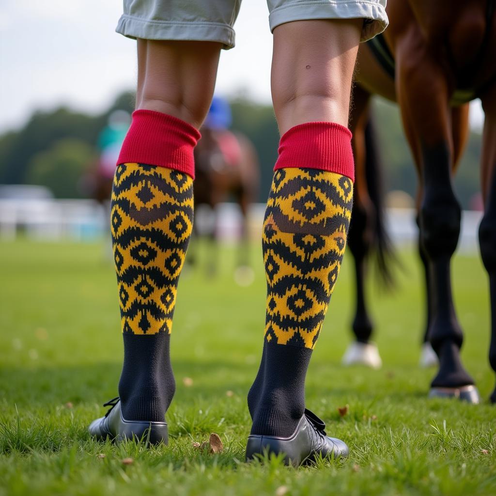 Jockey wearing colorful horse racing socks in close-up