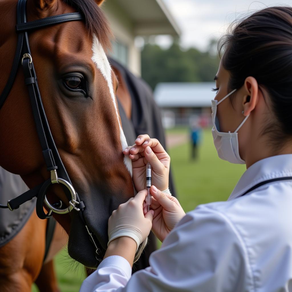 Veterinarian administering a vaccine to a racehorse