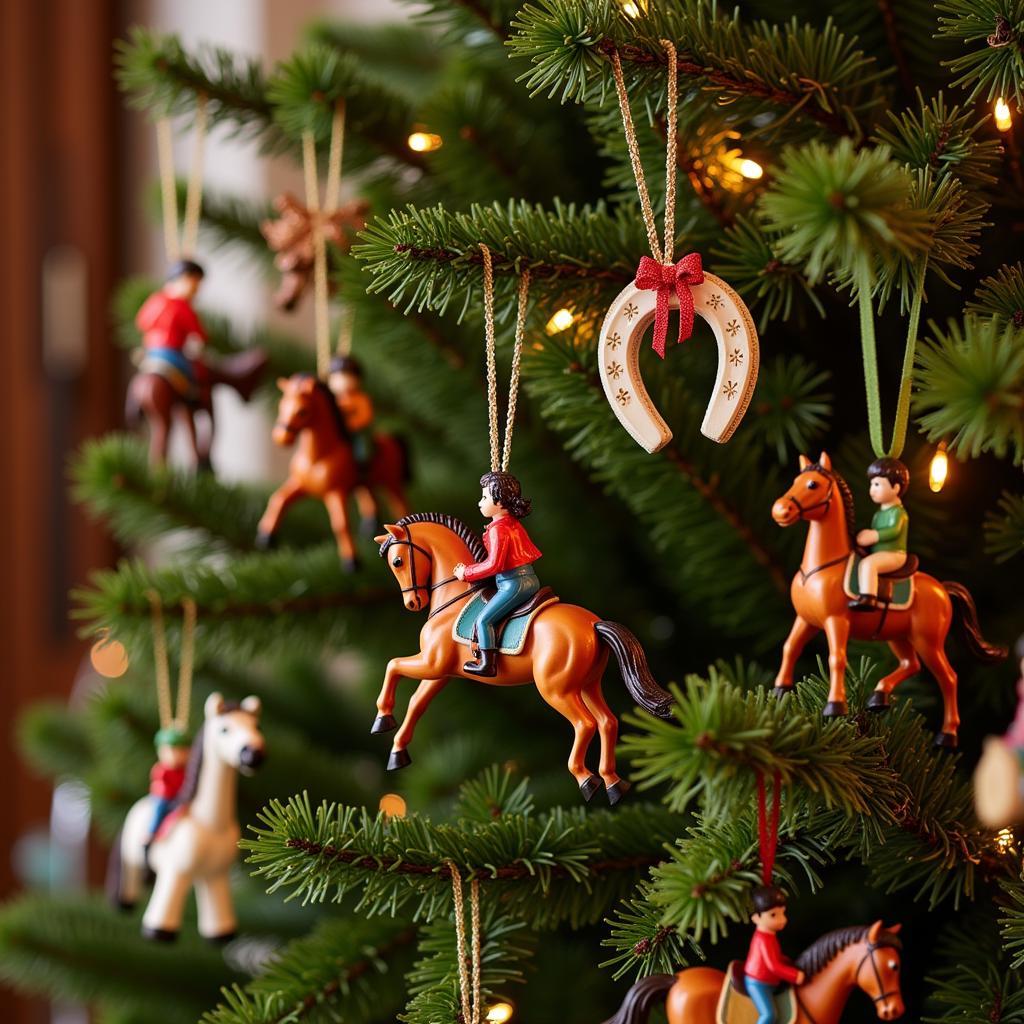 A beautifully decorated Christmas tree featuring horse rider ornaments.