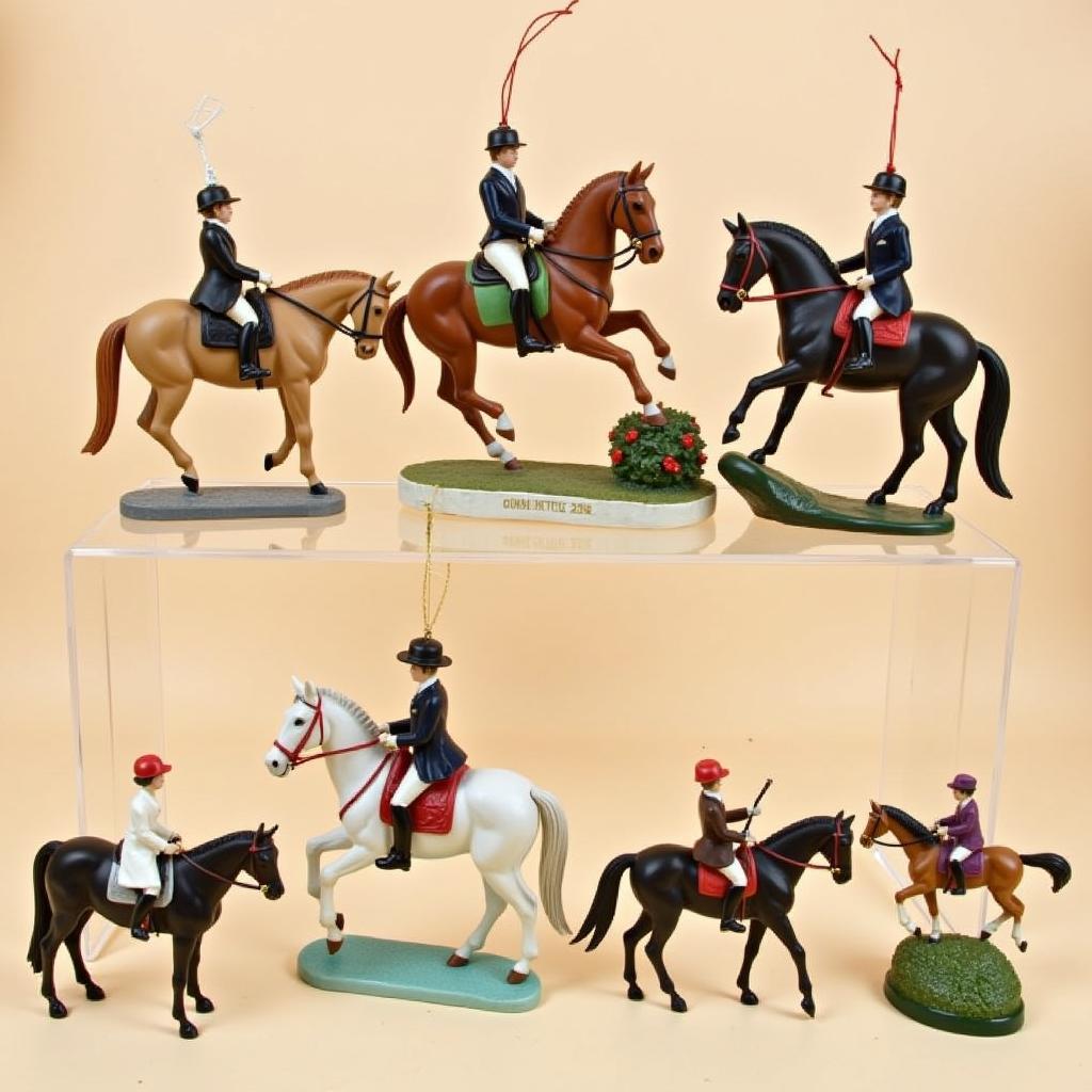 A collection of diverse horse rider ornaments showcasing various breeds, disciplines, and materials.