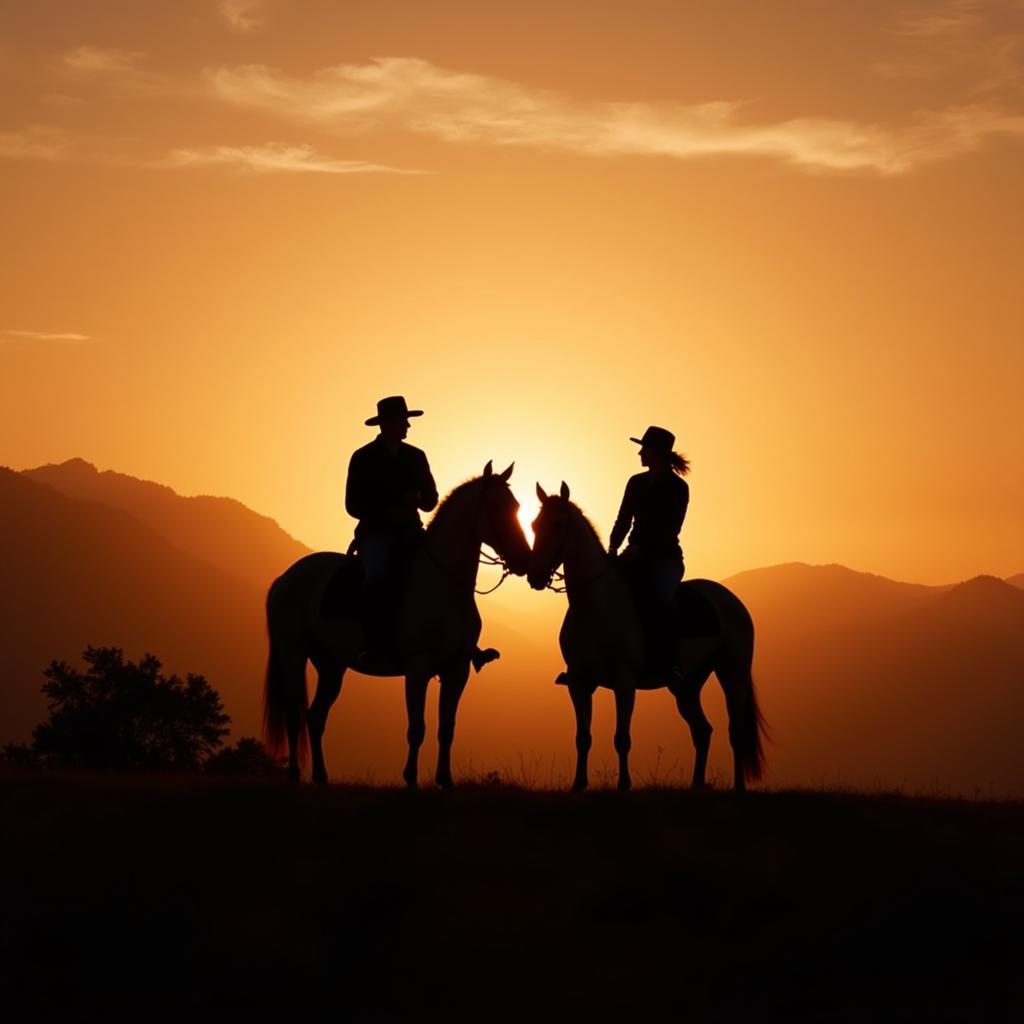 A lone rider on horseback silhouetted against a vibrant sunset, the horse and rider appearing as one against the vast landscape.