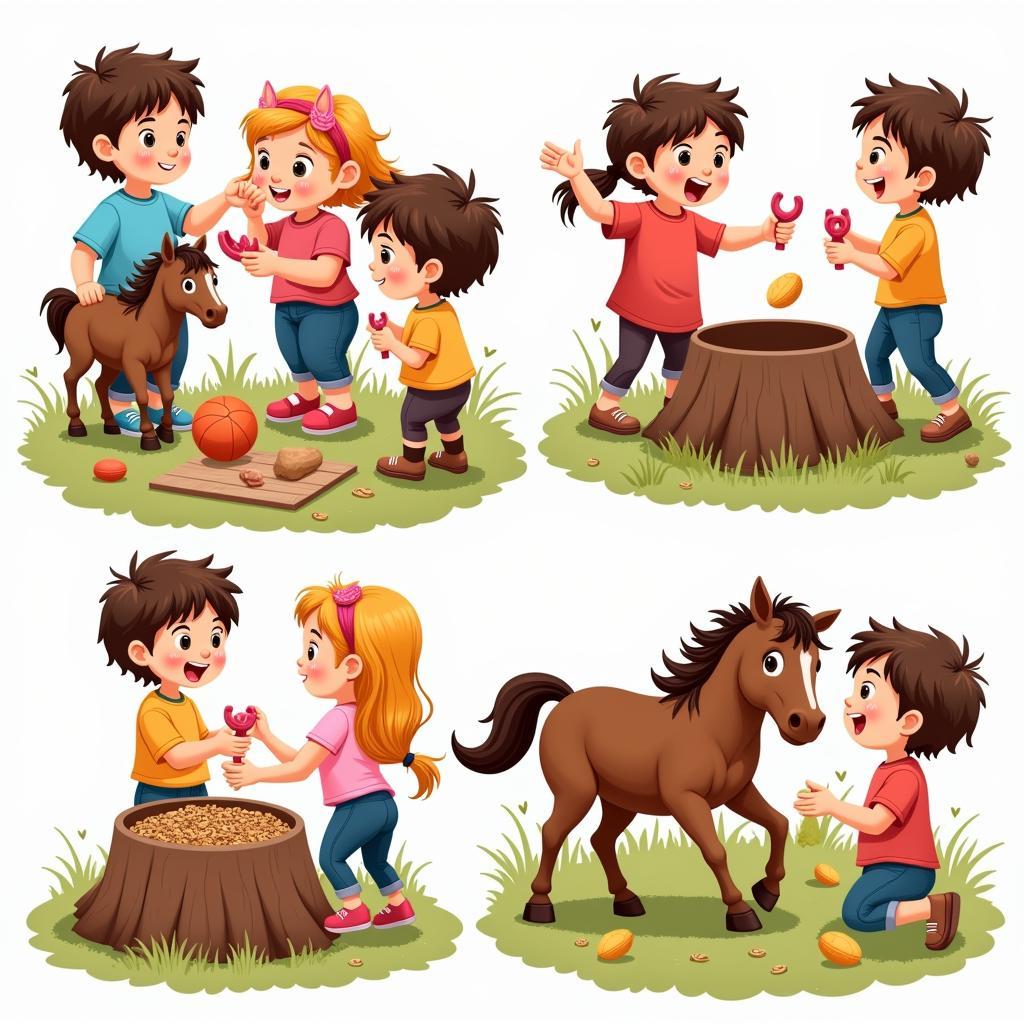 Children playing horse-themed games at a birthday party