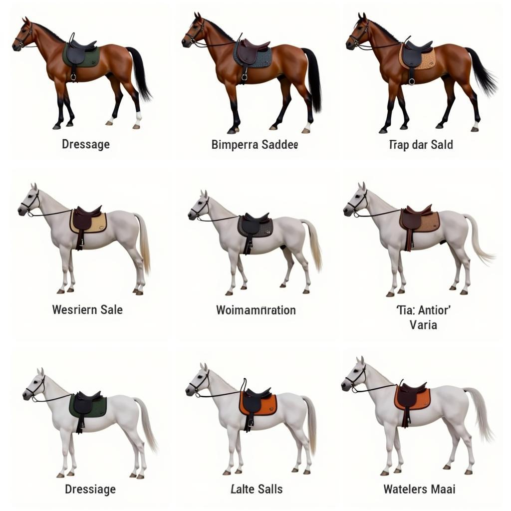 Different types of horse riding saddles for various disciplines.