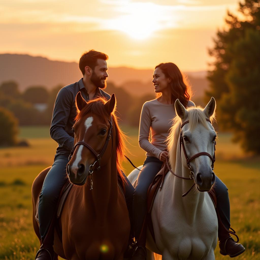 Couple riding horses in a romantic movie scene