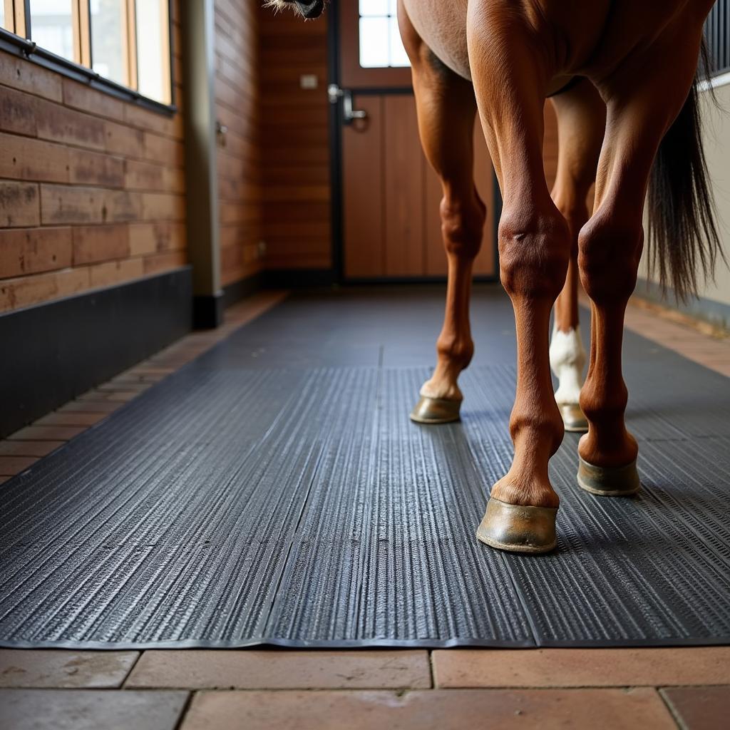 Horse rubber mat provides comfort and cushioning in a stall.