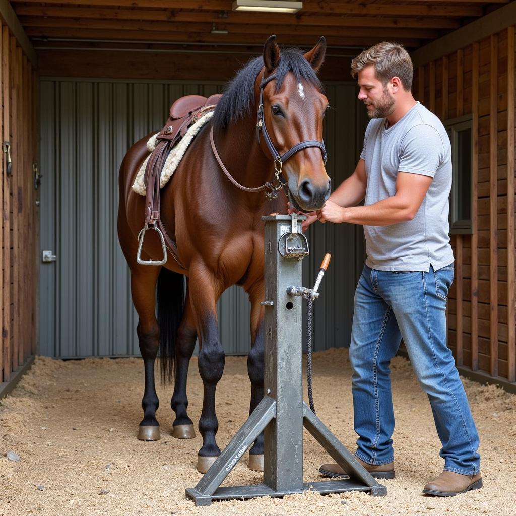 Farrier using a horse shoeing stand to shoe a horse