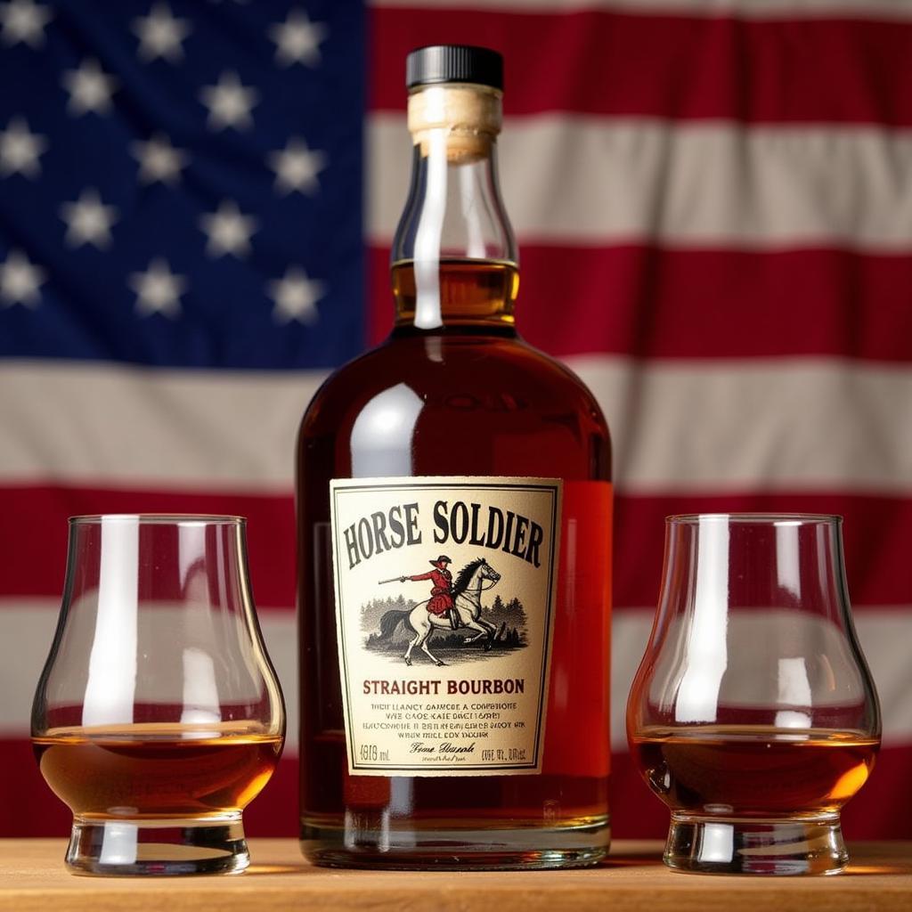 Horse Soldier Bourbon bottle and glasses with American flag backdrop