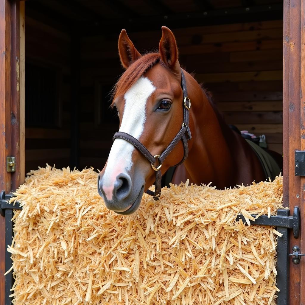 Horse stable with fresh wood shavings bedding