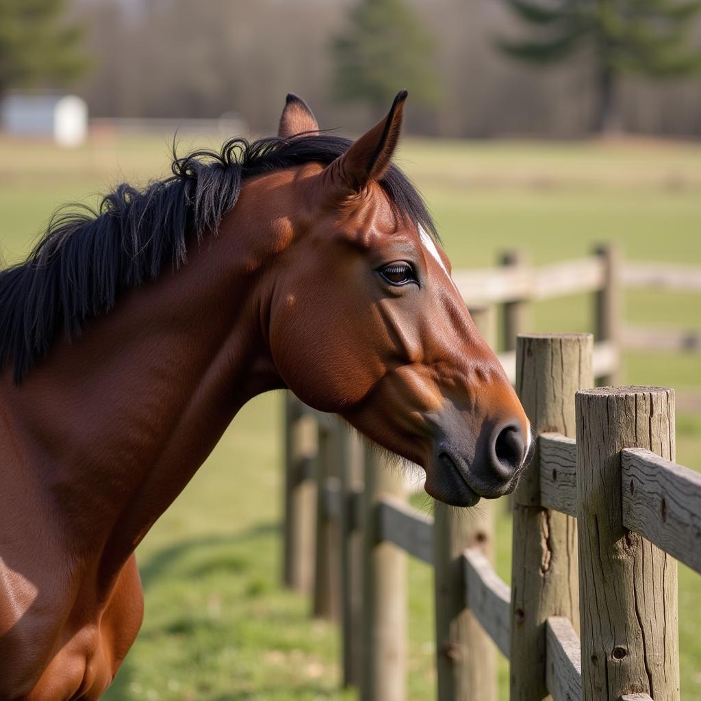 Horse demonstrating cribbing behavior