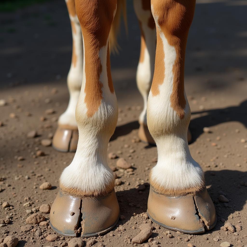 Horse exhibiting signs of sulfur deficiency, including poor hoof quality and a dull coat