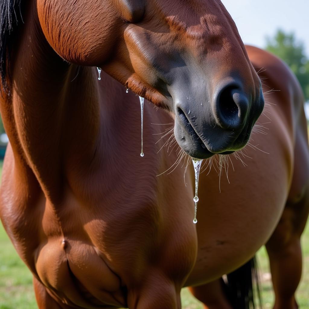 Horse sweating profusely after exercise