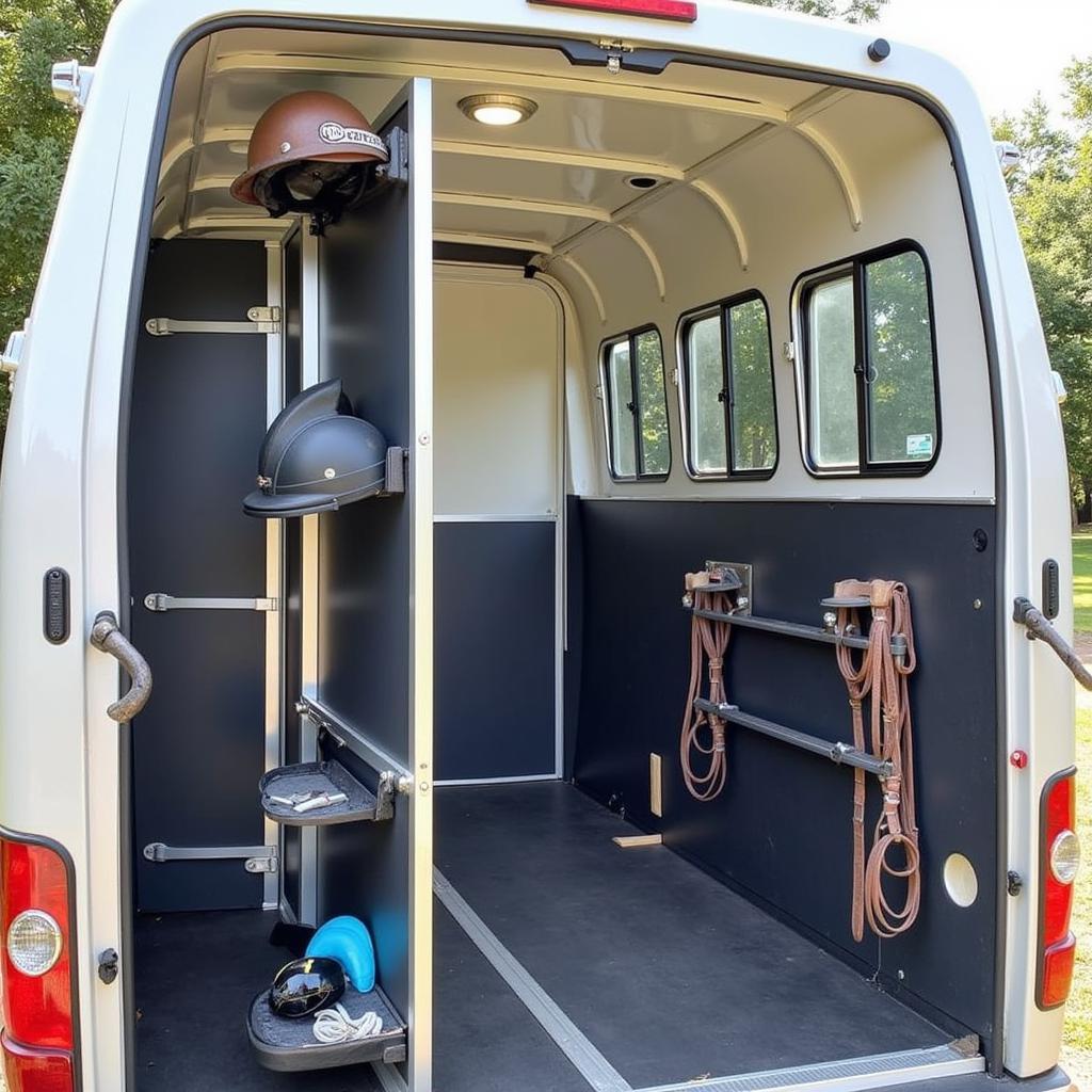 Efficient space maximization in horse trailer using various saddle racks and storage solutions