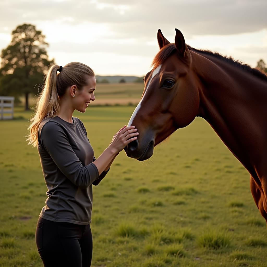 Horse trainer bonding with horse