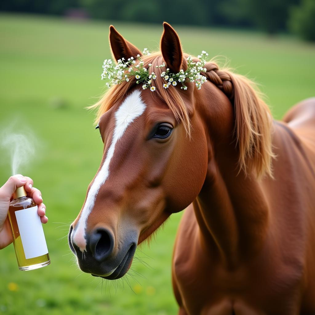 Horse enjoying a light, safe horse perfume, adorned with a floral crown.