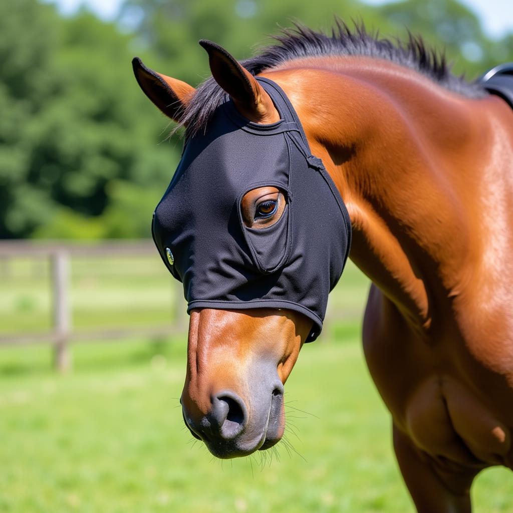 Horse Wearing a Fly Mask in a Field