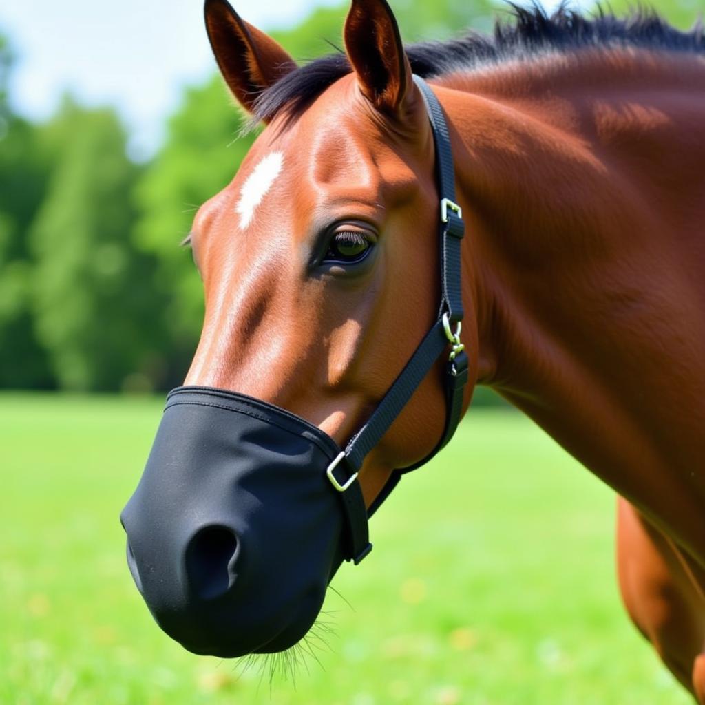 Horse Wearing a Grazing Muzzle