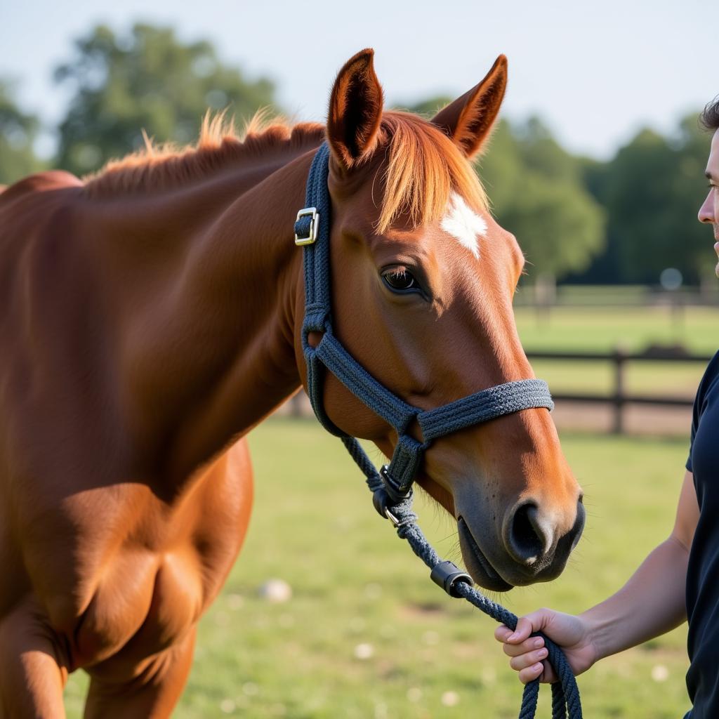 Horse wearing a neck rope for leading