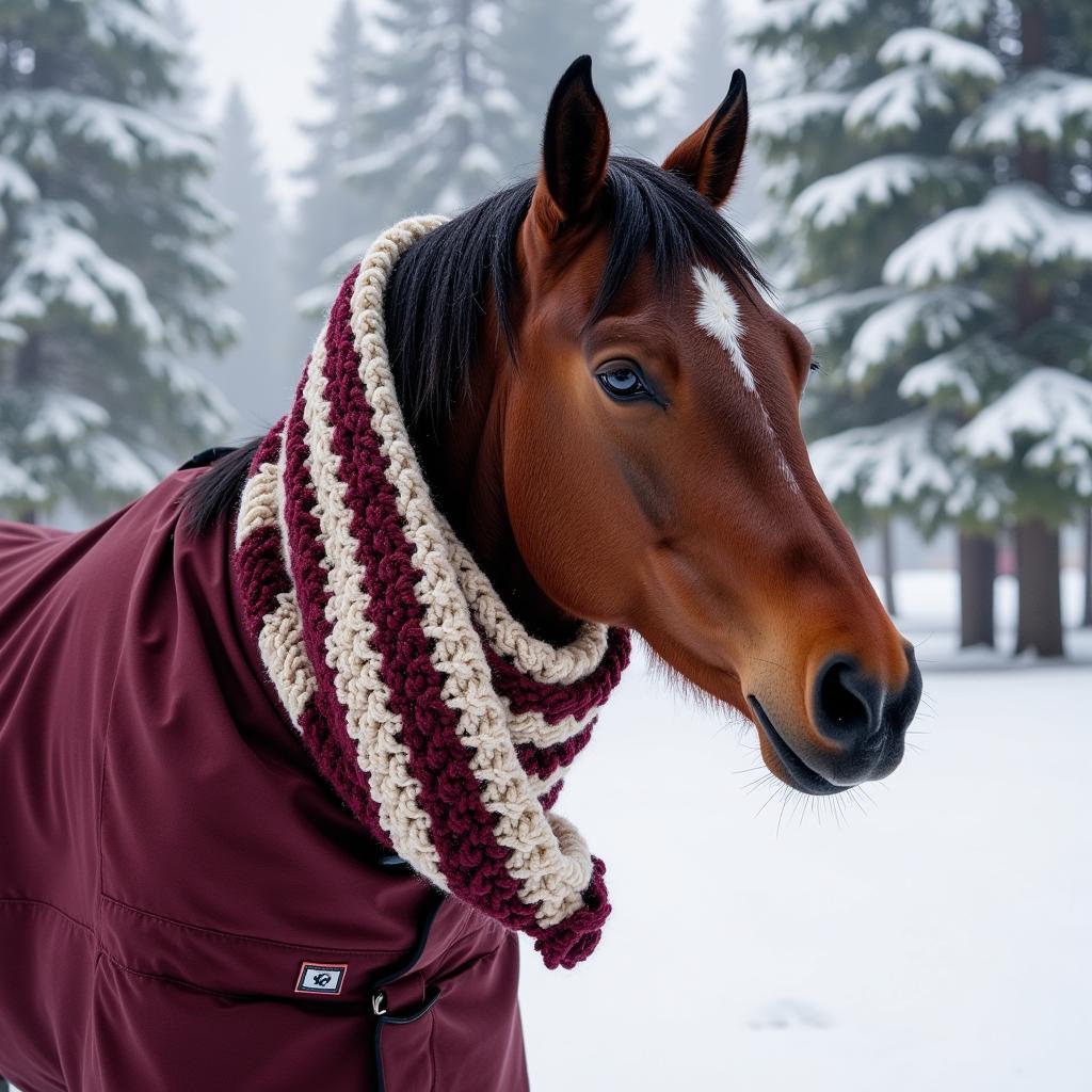 A horse wearing a stylish and warm scarf during a winter trail ride