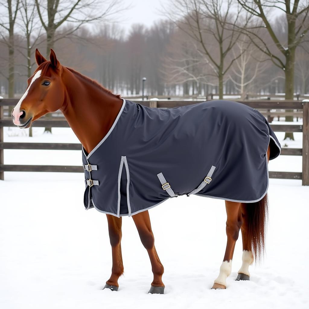 A horse comfortably wearing a heavy winter blanket