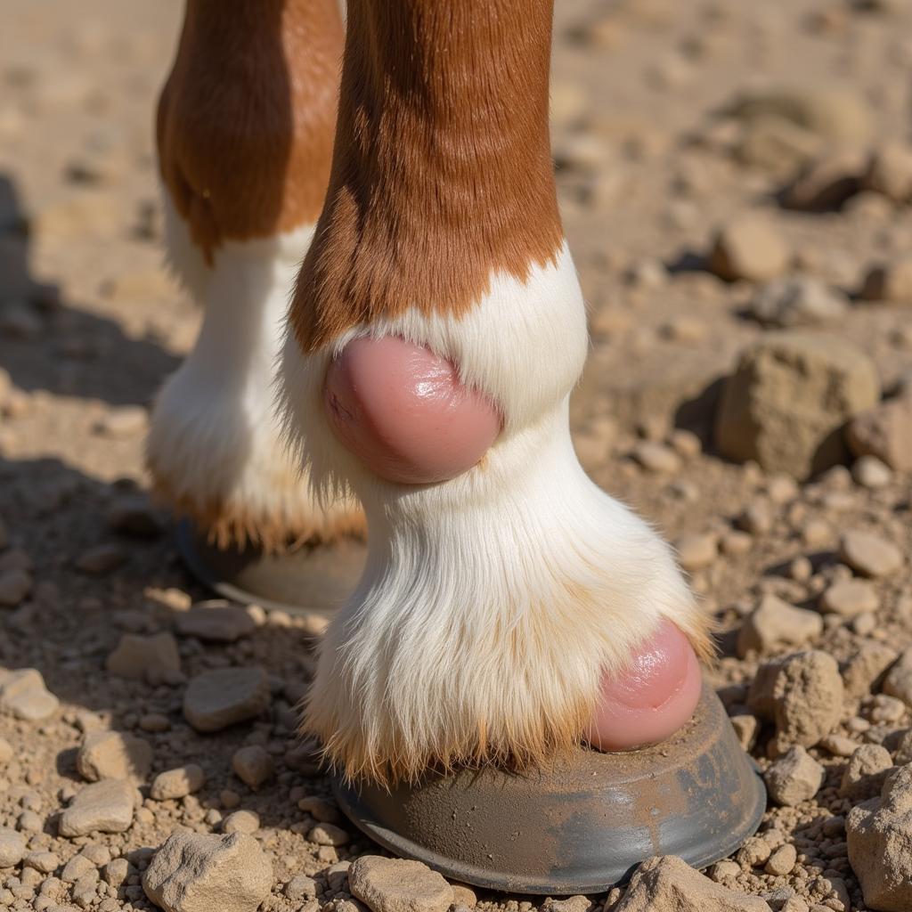 Close-up of horse wind puffs on the fetlock joint