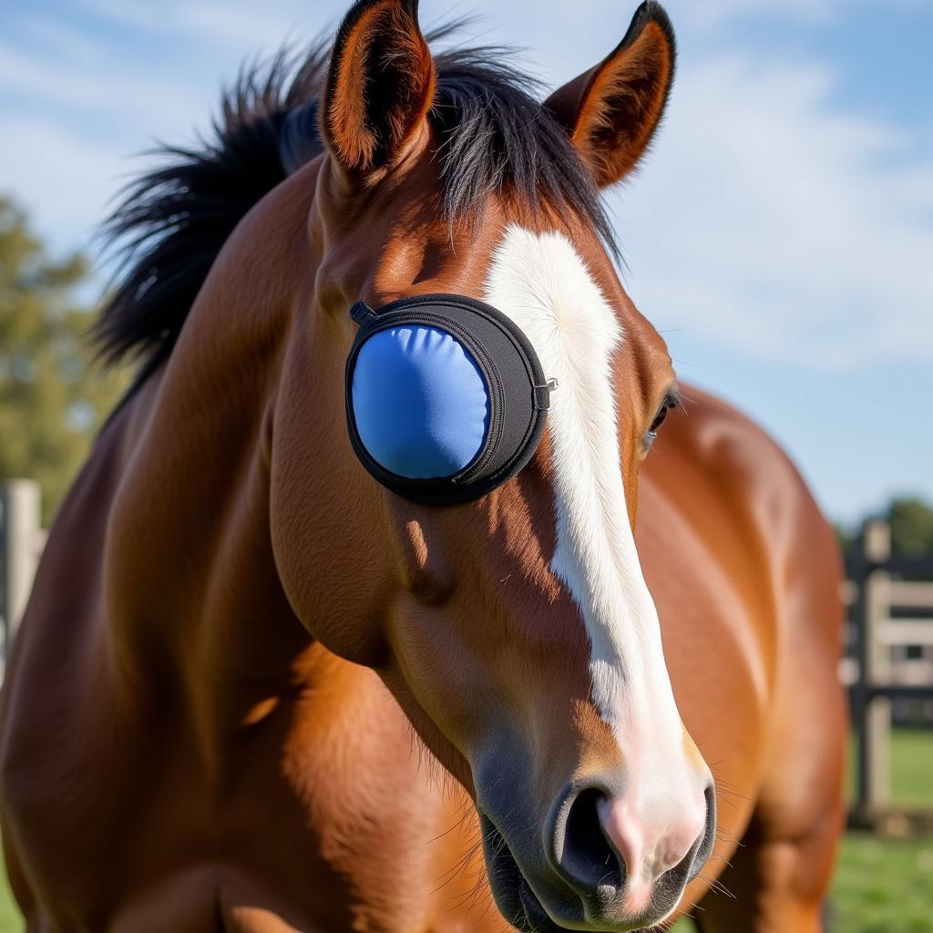 A horse wearing a protective eye patch after treatment for a swollen eye.