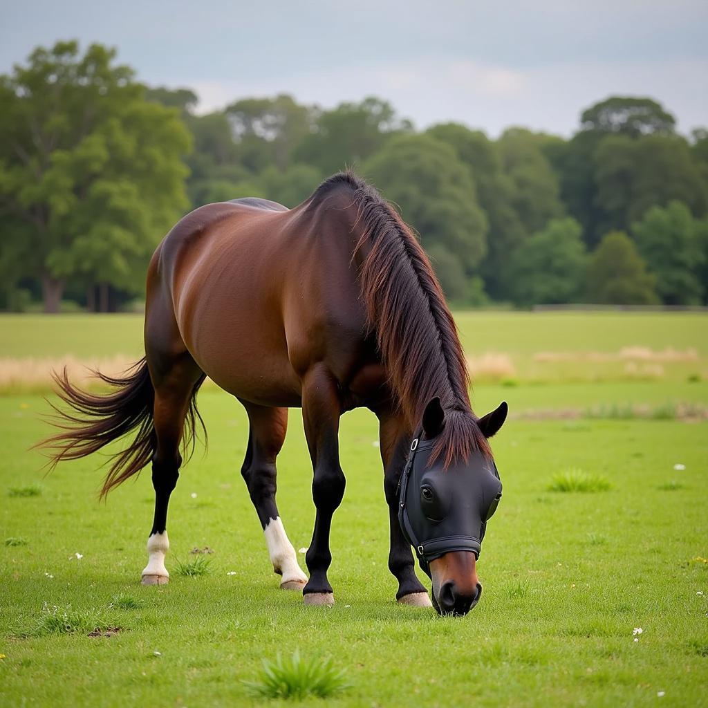 Horse wearing a fly mask