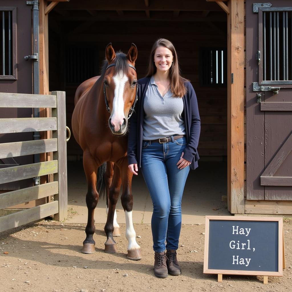 A horse and rider standing next to a sign with a humorous show name.