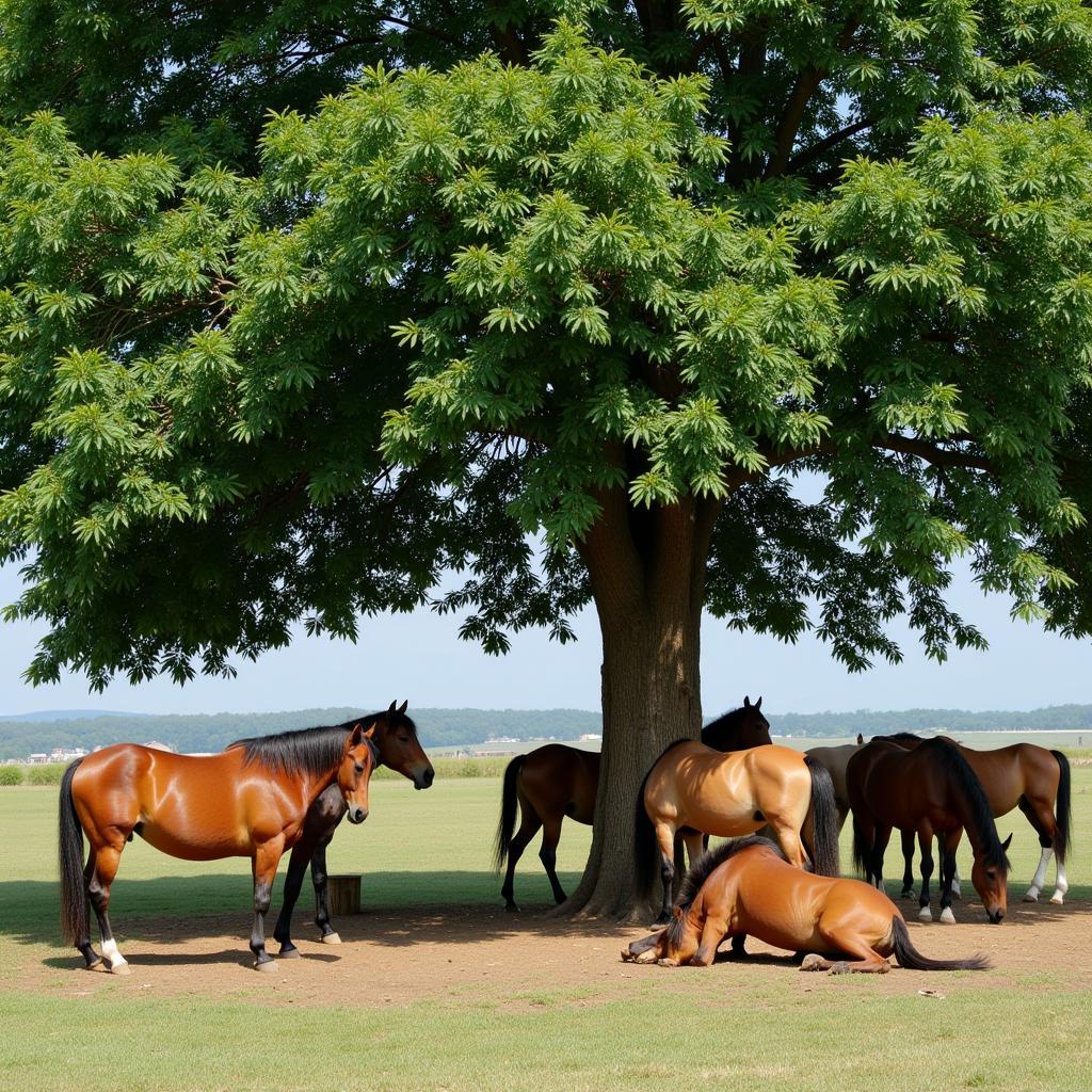 Horses Sheltering Under Trees