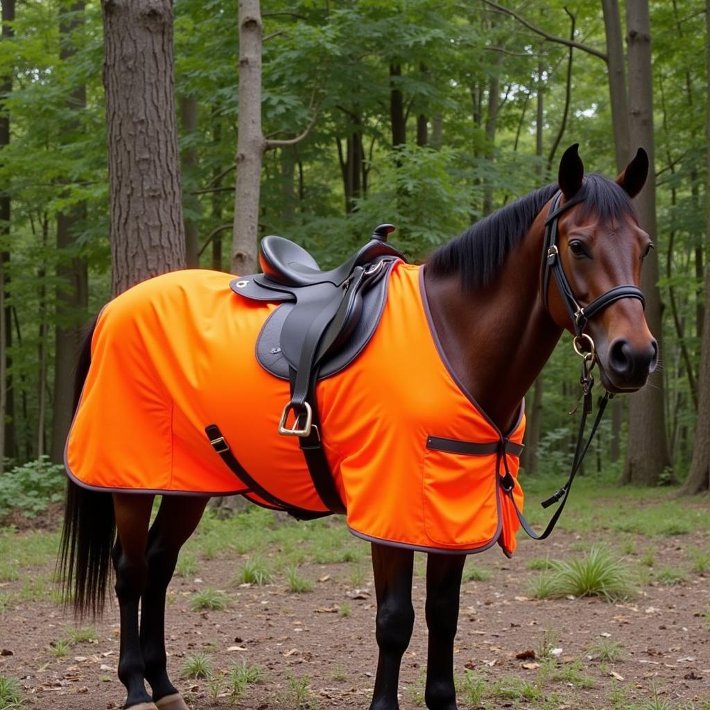 Hunter orange vest and saddle pad on a horse.