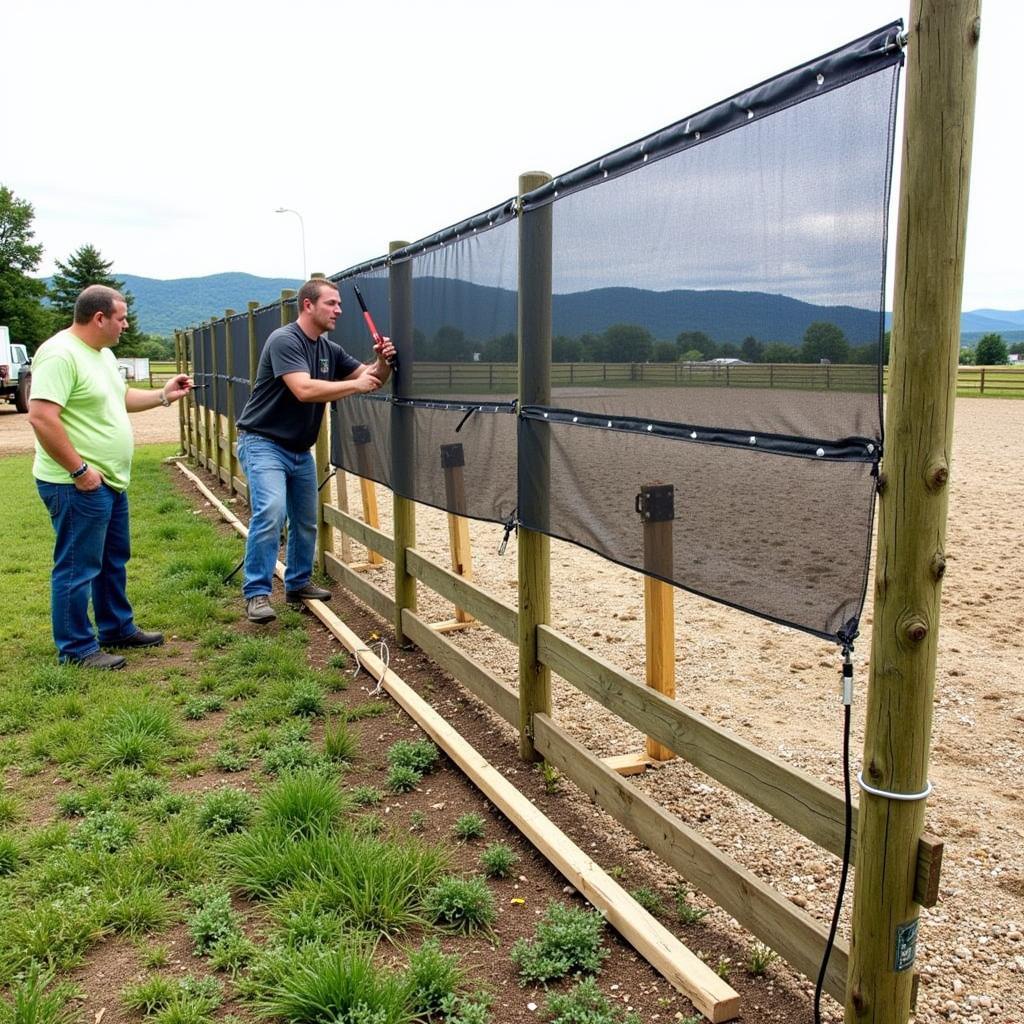 Workers installing red brand no climb horse fence, demonstrating the process of attaching the fence fabric to the posts.