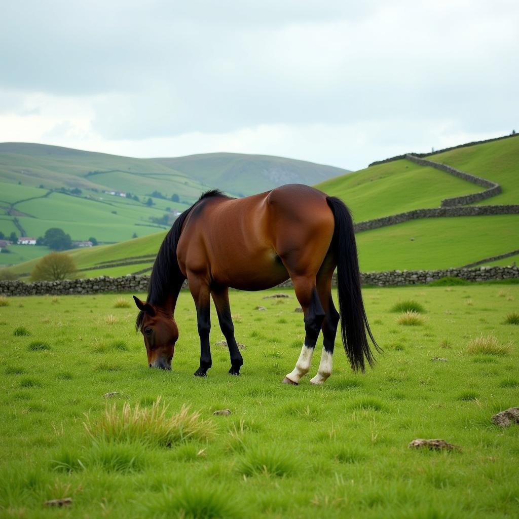 A horse grazing in a scenic Irish landscape.