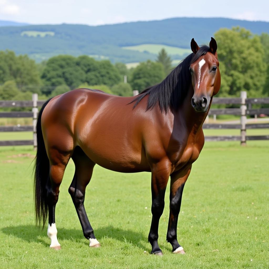 A beautiful Kentucky Mountain Horse stands in a lush green pasture, showcasing its distinctive conformation and glossy coat.