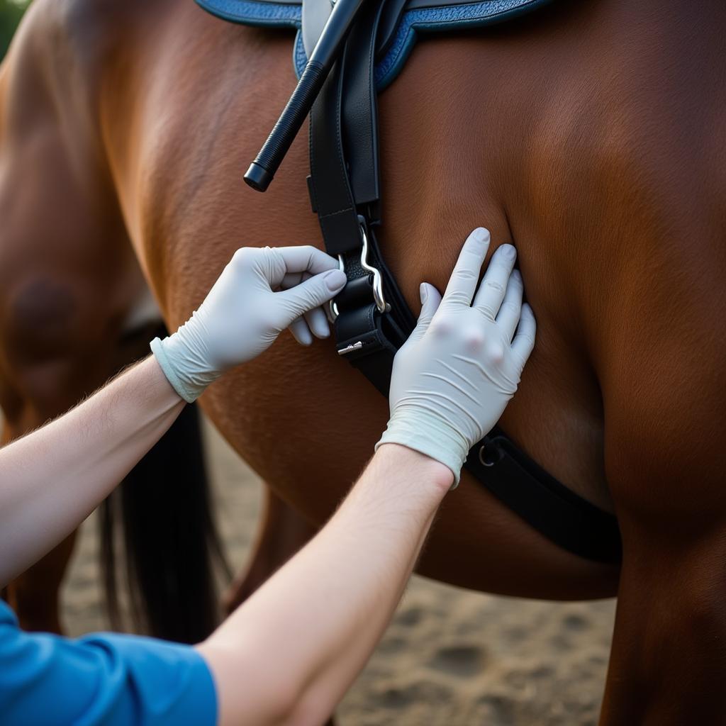 Woman Carefully Examining Horse Genitals