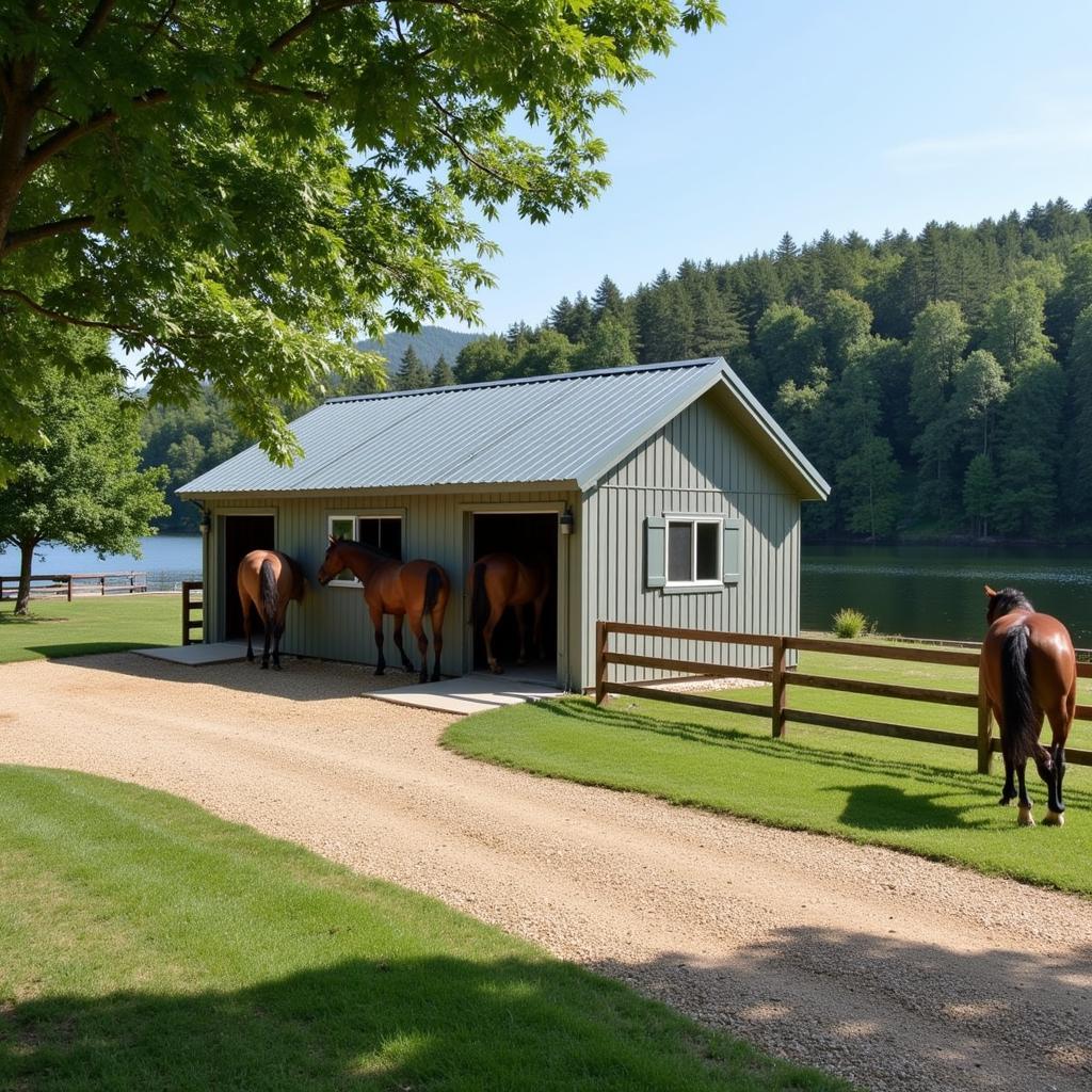 Horses in a Lakeside Stable