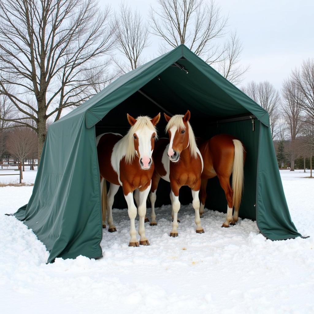 Horses using lean to shelter in snowy weather