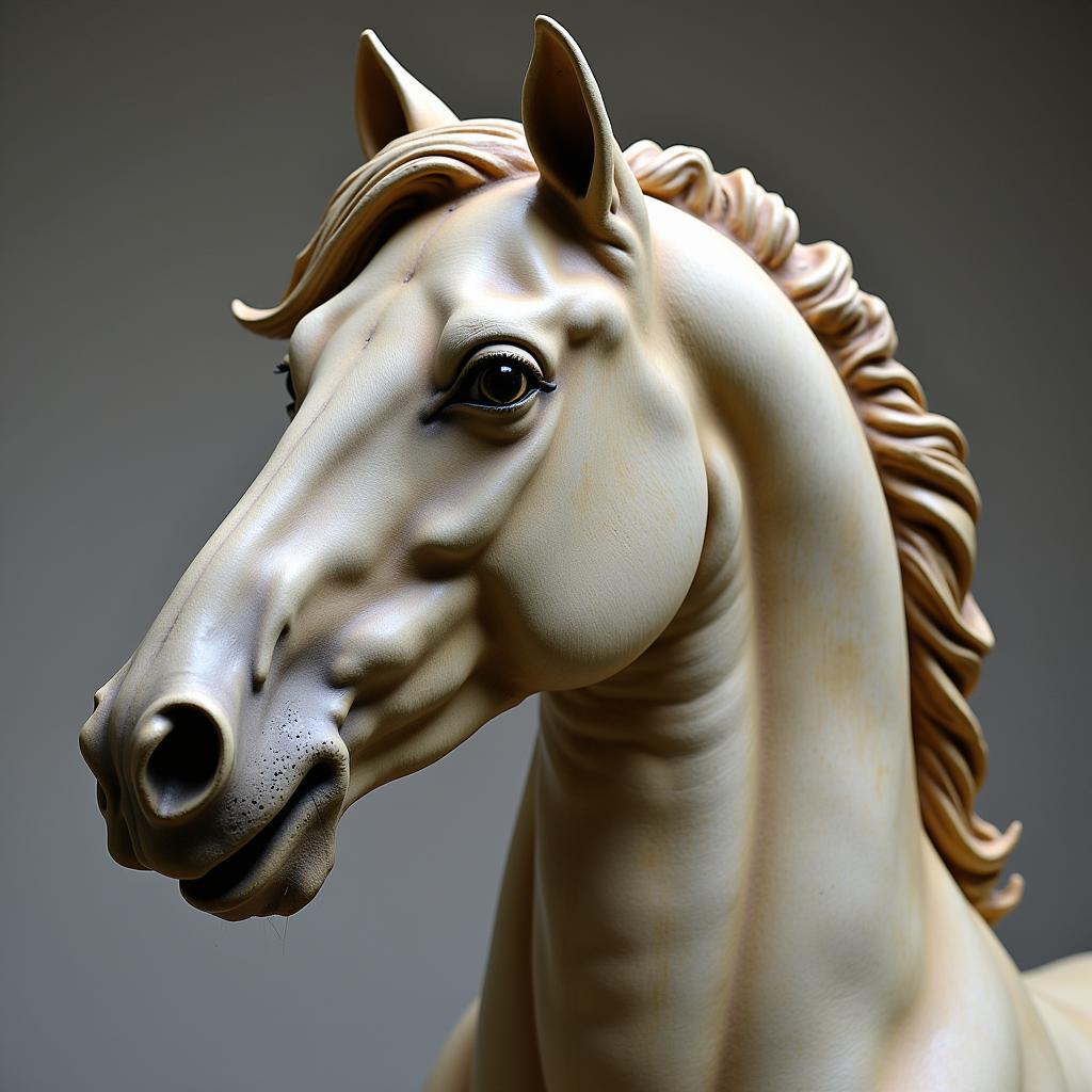 Life size horse head sculpture made of resin, showing detail and craftsmanship.