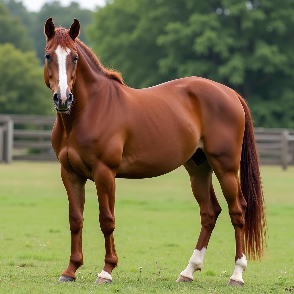 Liver chestnut horse with a deep, reddish-brown coat standing majestically in a green field