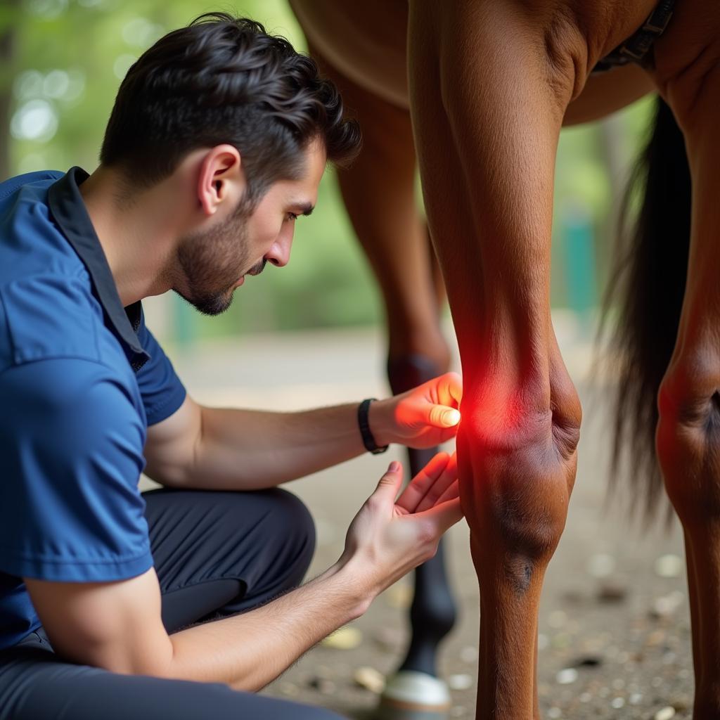 A veterinarian is examining a horse's joints to monitor the effectiveness of long-term firocoxib therapy.