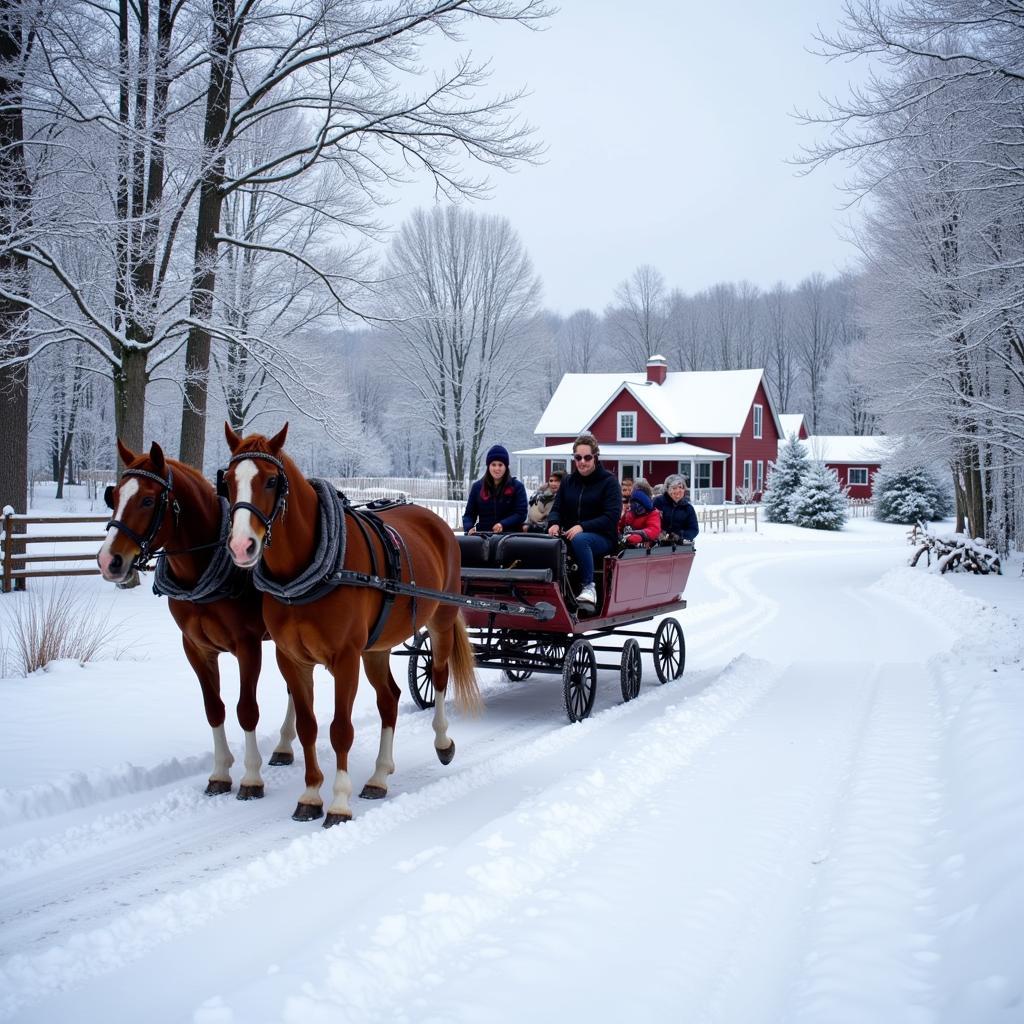 Horse-drawn sleigh gliding through a snowy farm in Maine