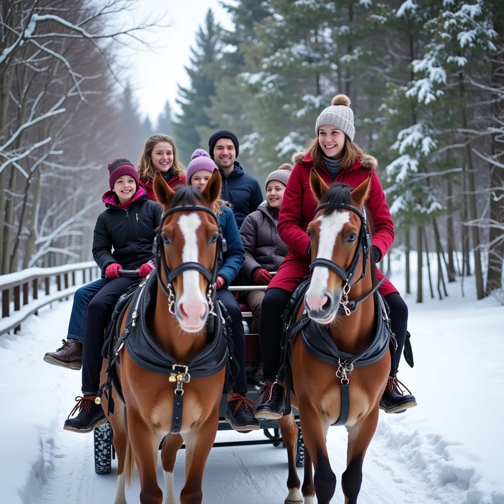 Family enjoying a horse-drawn sleigh ride in the Maine winter.